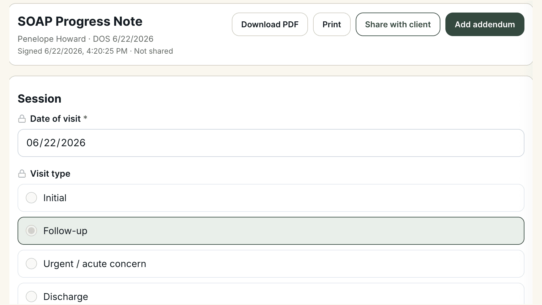 A signed SOAP progress note in SoloistHealth, structured sections with signed-and-locked status.